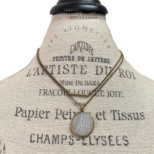 Lucky Brand Layered Chain Necklace Agate Stone Pendant Gold Tone Glam Minimalist